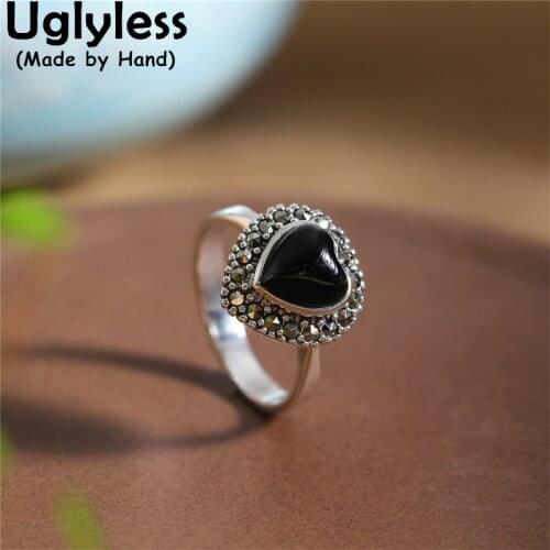 Uglyless Sweet LOVE Heart Rings for Women Chalcedony Gemstone Open Ring Solid 925 Silver Thai Silver Marcasite Fine Jewelry R900