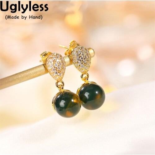 Uglyless Like Candy Balls Natural Blue Amber Earrings for Women Sparkly Crystals Brincos Gold Fashion Dress Jewelry 925 Silver