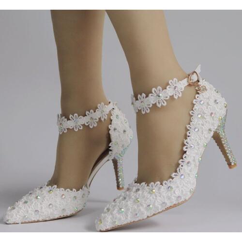 8CM crystal high heels womens wedding shoes bride lace flowers handmade sexy side open summer point toes lace dinner pumps NQ164