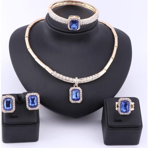Hot Square Rhinestone Gem Collier Femme Statement Crystal Necklace Earring Bangle Ring Luxury Bijoux Maxi Jewelry Set