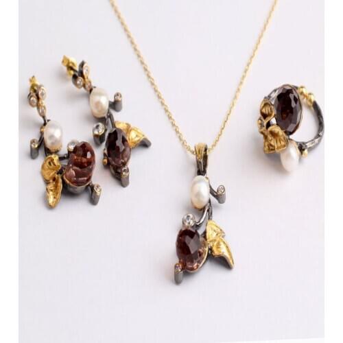 Drop Pearl Leaf Zultanite Jewelry Set Gold Plated,Woman Silver Zultanite Ring+Necklace+Earrings,Handmade Woman Silver