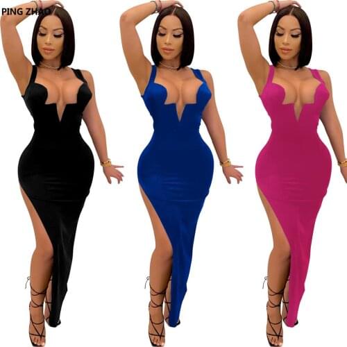 PING ZHAO Women Spaghetti Strap Plunging V-Neck Bodycon Midi Maxi Dress Sexy Club Party Open Back Long Dresses