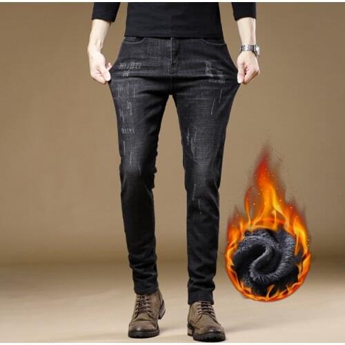 Winter comfortable warm fleece thick mens slim fit jeans classic brand clothing fashion Stretch trendy men young feet jeans