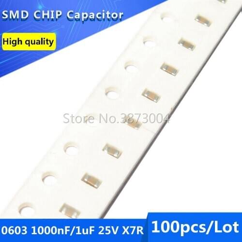 100pcs 0603 1000nF 1uF 25V X7R 10% SMD Chip Capacitor