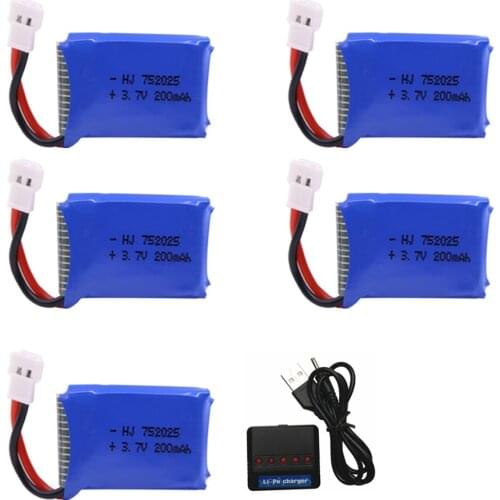 5PCS 3.7V 200mah Lipo battery 752025 with USB Charger for Syma X11 X4 X13 Quadcopter Helicopters Remote Control toys parts