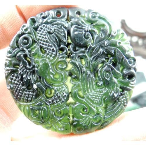 50mm natural stone jade hand-carved Dragon and Phoenix amulet pendant for diy jewelry making necklace Accessorie