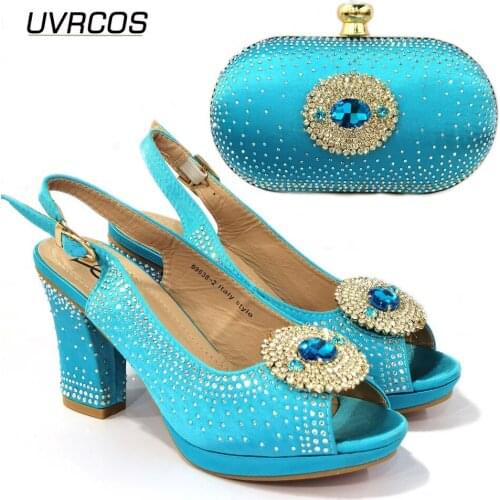African 2021 New Arrival Italian Design Nigerian Fashion Style Hot Selling Sky Blue Color Ladies Shoes and Bag Set for Party