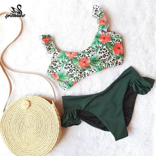 Bikini Brazilian Mujer 2020 Summer Ruffle Swimwear Women Printed Push Up Pads Sexy Swimsuit Bandage Two Piece Swim Wear