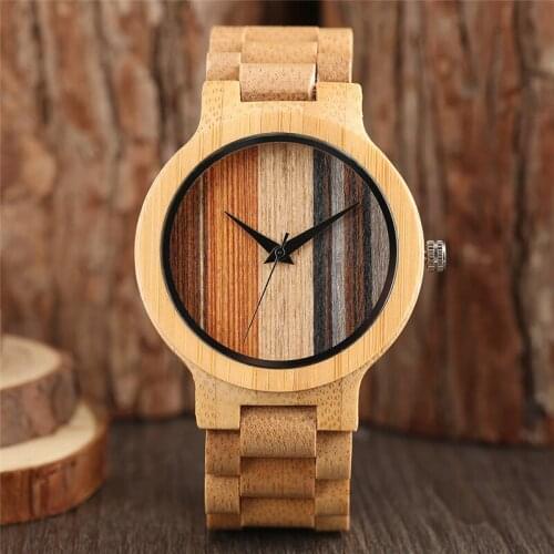Steampunk Handmade Mens Watch Color Stripe Dial Design Quartz Analog Clock Adjustable Band Bamboo Strap Watches for Men Present