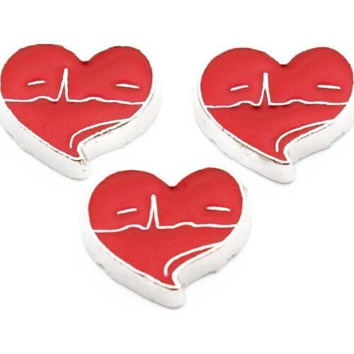 Hot Sale 10pcs/lot Metal Enamel Heart Red ECG Medical Floating Charms For Living Glass Lockets Necklace Bracelet Jewelry