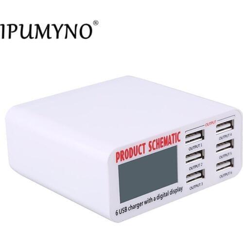 IPUMYNO 6 Ports USB Charger 30W LCD Display Real Time Fast Charging For iPhone Plus iPad Samsung Huawei Nexus ASUS AC Adapter