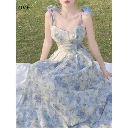JuneLove Elegant Strap Floral Midi Dress Women Vintage Sweet Print Princess Boho Dress Classy Party Holiday Fairy Dress Summer