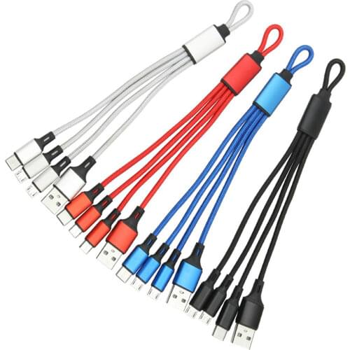 Data Line 3 in 1 USB Cable for iPhone Samsung Xiaomi Nylon Braided Multi Keychain Portable Micro Usb Type C Charger Cables Cord