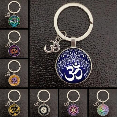 Creative Vintage Glass Dome Keychain Buddhist Chakra Keychain Jewelry Om Indian Yoga Mandala Keychain for Women Men