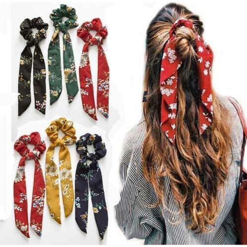 New Elastic Hair Band Ribbon Bow Scarf Sweet Print Scrunchie Women Hair Rubber Hair Ropes Girls Hair Accessories