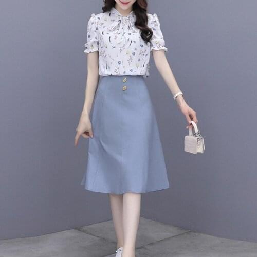 LLZACOOSH 2021 New Summer Womens Chiffon Printing Bowknot Shirt Top + Hight Waist Solid Midi A Line Skirt Two Piece Set