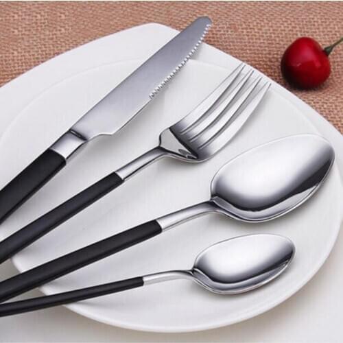 Genuine Brand Top Quality Dinnerware Black Handle 4 Piece Stainless Steel Cutlery Set Luxury Western Dinner Service Tableware