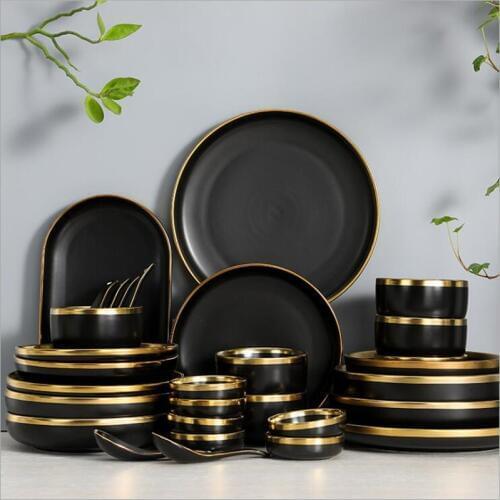 Gilt Rim Black Porcelain Dinner Plate Set Kitchen Plate Ceramic Tableware Food Dishes Rice Salad Noodles Bowl Cutlery Set 1p