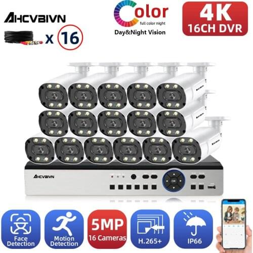 AHCVBICN 4K DVR CCTV Camera Security System Kit 5mp 16CH Outdoor Color Night Vision Video Surveillance AHD Dome Camera System