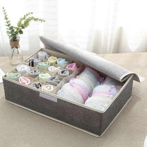 17 Grids Underwear Storage Case High Capacity Bra Organizer Cotton Linen Compartment Organization Foldable Underwear Socks Box