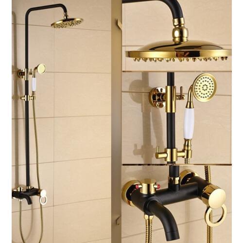 Bathroom Single Handles Black Oil Rubbed Gold Color Brass Wall Mounted Rain & Hand Shower & Tub Faucet Mixer Tap Set ars910