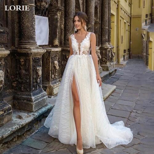 LORIE Princess Wedding Dress Side Split Glitter Sexy V Neck Appliques Lace Boho Bridal Dresses Vestidos de novia Wedding Gowns