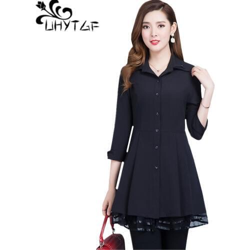 UHYTGF Spring autumn trench coat Fashion lace stitching long outerwear Seven-quarter sleeve Casual Female coat 5XL plus size 766