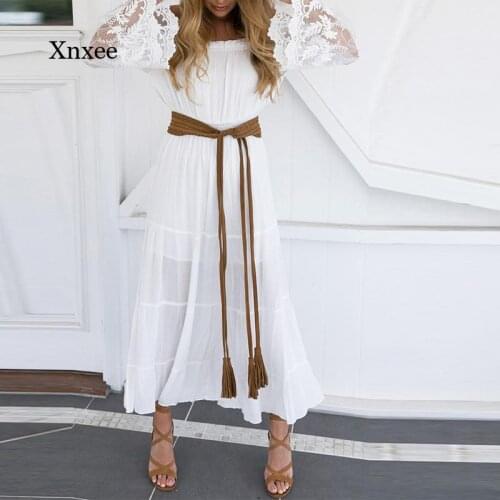 Spring and Summer Ladies Sexy Dress Strapless Solid Color Dress Fashion Elegant Lace Casual Long-Sleeved Ladies Loose Mid Skirt
