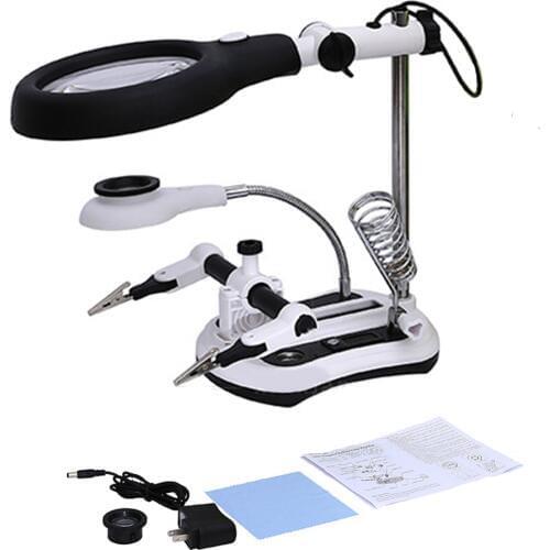 US /EU Plug Welding Magnifying Glass 18LEDs Auxiliary Clip Magnifier Hand Soldering Solder Iron Stand Holder Station Magnifier