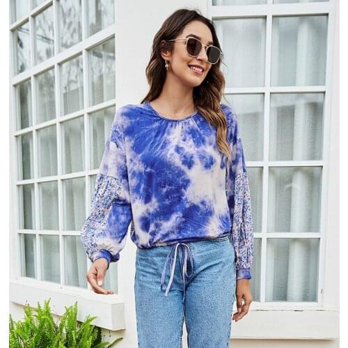 Women T Shirts Tie Dyed Print Patchwork Casual Loose Top Female Long Sleeve O Neck Elastic Spring Autumn Tees Fashion Pullovers