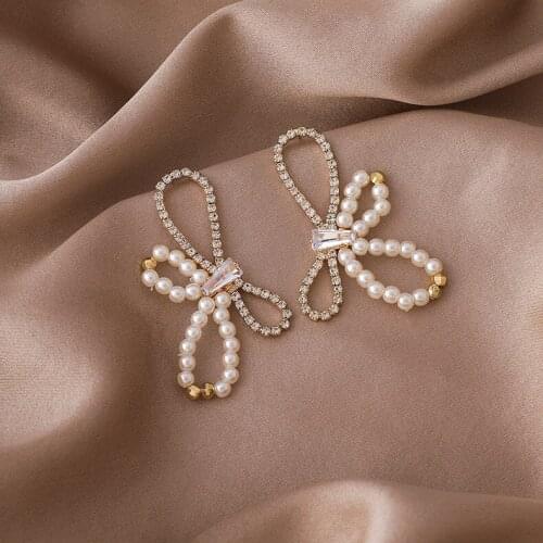 2021 Korean New Simulated Pearl Rhinestone Bowknot Stud Earrings For Women Fashion Jewelry Oorbellen Brincos Wholesale