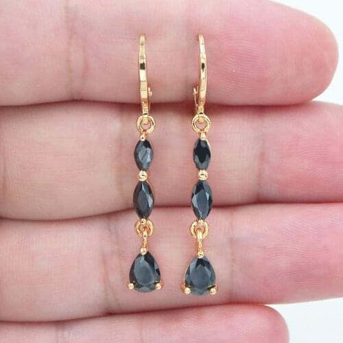 AAA+ Cubic Zirconia Gold Color Women Fashion Black CZ Teardrop Dangle Earrings Jewelry