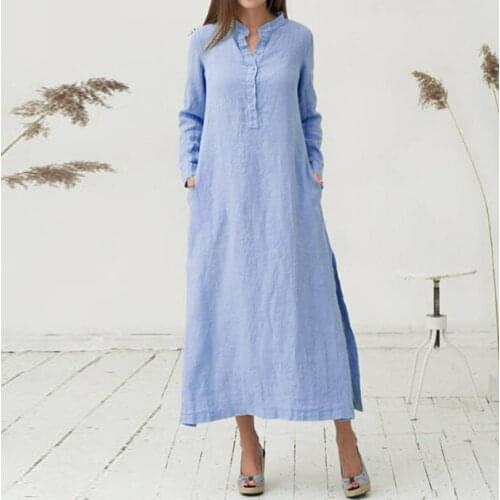 2021 The New Long Dress Women Cotton Line Casual Long Sleeve Solid V Neck Maxi Spring Summer Loose Shirt Dress Robe Longue Femme