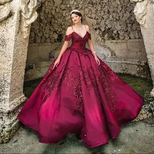 Burgundy Quinceanera Dresses 2021 Sweet 15 Spaghetti Straps Off The Shoulder Princess Party Ball Gown Lace Appliques Satin