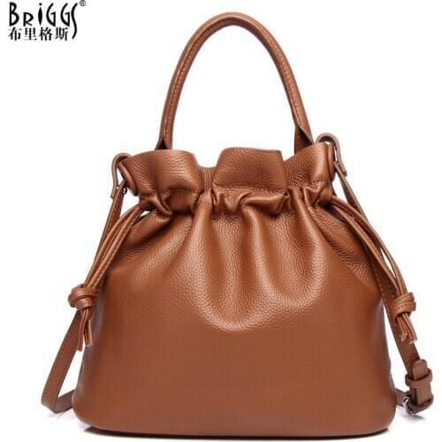 BRIGGS New 2021 Soft Genuine Leather Women Handbag Fashion Female Shoulder Bag Lady Messenger Crossbody Purse Black Bucket