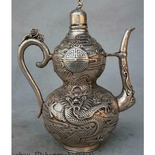 8"China Dynasty Silver Dragon Beast Auspicious Clouds Gourd Teapot Pot Tea Maker