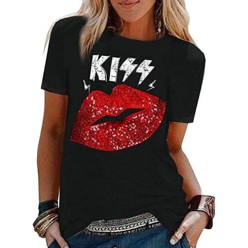 New Summer Womens Short Sleeve T-Shirt Sequin Tops Tees Red Mouth Lip Kiss womenswear O-Neck harajuku womens T-shirts top