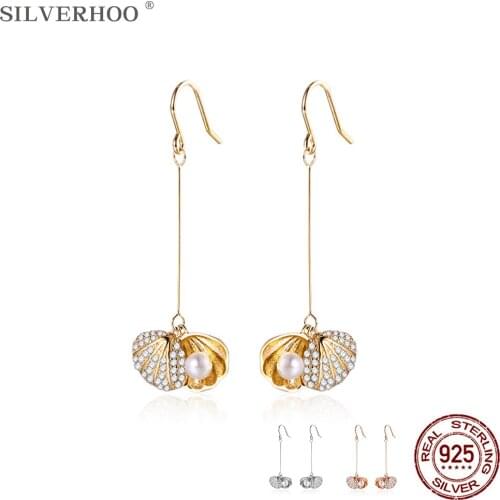 SILVERHOO 925 Sterling Silver Shell & Pearl Earrings For Women Shiny Cubic Zirconia Drop Earring Elegant Female Party Jewelry