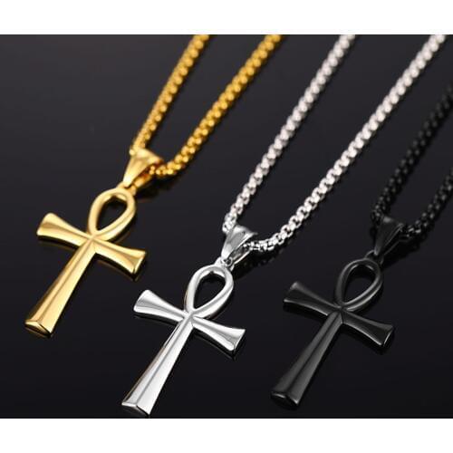 Classic Ankh Cross Pendant Stainless Steel Gold Black Egyptian Key of Life Pendant Necklace Men Women Hip Hop Jewelry