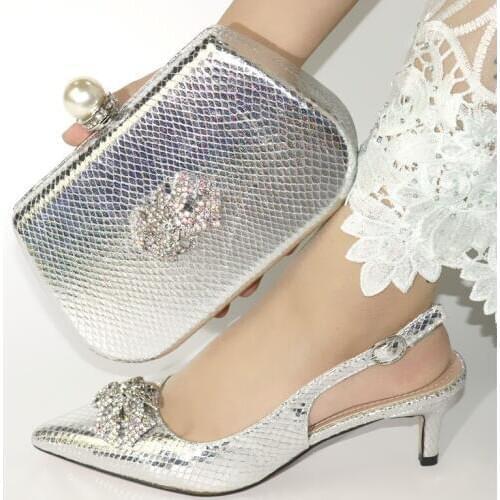 Nice looking silver women pumps with crystal decoration african dress shoes match handbag set VC888,heel 6CM