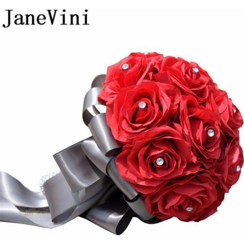 JaneVini Red Artificial Flowers Wedding Bouquets With Crystal Bridal Brooch Bouquets Rose Bride Ribbon Bouquet De Mariage 2018