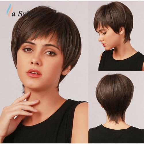 La Sylphide Synthetic Wig Short Straight Brown Black Bob Wigs with Bangs for Woman Daily High Temperature Fiber