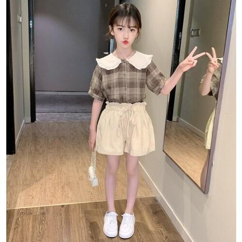 Girls' Summer New Plaid Suit Big Childrens Shorts Childrens Doll Collar Foreign Style Korean Suit Baby Girl Clothes