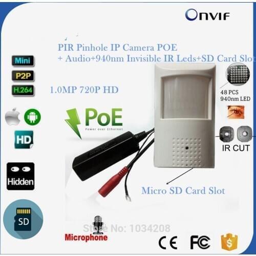 720P POE Mini IP Camera Hd Night Vision 940nm Pir Motion Detector Kamera Pir Style Ip Camera SD Card Slot &Microphone Camhi APP