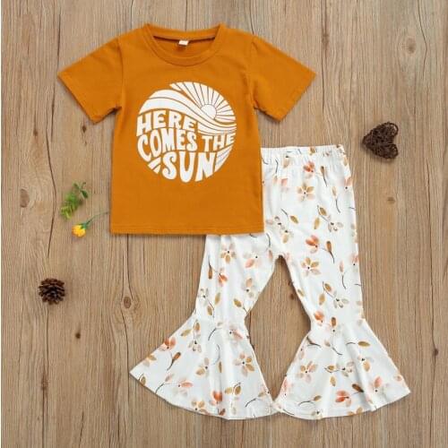 Fashion Kids Children Girls Letter Short sleeve T shirt Tops Flower Trumpet Long Pants Summer Girls Clothing 2pcs Set 1-6Y
