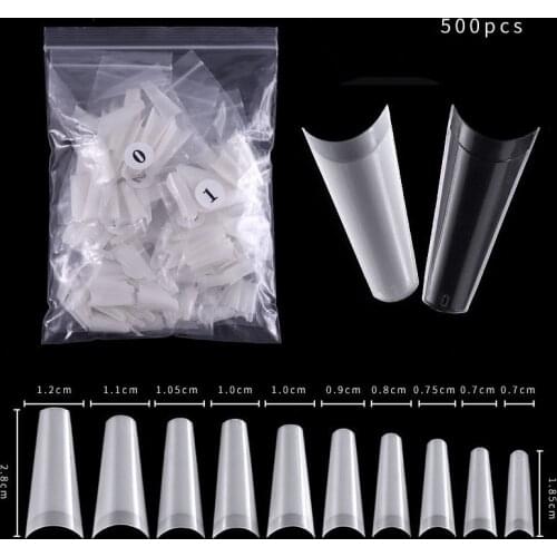 500pcs/Bag 10 Sizes Ballerina False Nail Tips Coffin Fake Nails French Half Tips Cover Clear Natural Flat Shape False Nails Fake
