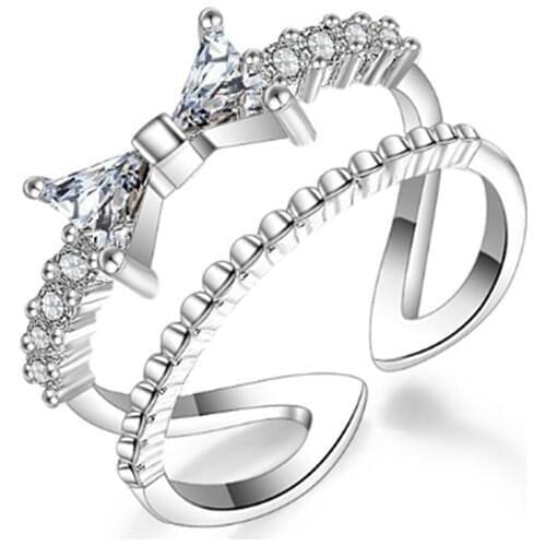 Personality temperament luxury popular wild bow double zircon opening female models silver plated rings SA148