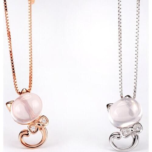 Natural Pink Jade Agate Bow Cat Pendant 925 Silver Necklace Fashion Charm Jewelry Amulet Gifts for Women Her