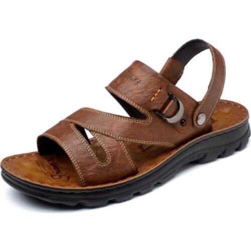 2021 New Summer Comfortable Real Leather Gladiator Sandals Buckle Strap Open-Ted Beach Slippers Mens Breathable Antiskid Slide