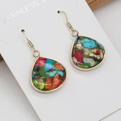 Natural Stones Flat Water Drop Shape Emperor Stone Earrings Colorful Temperament Fashion Earring Women Jewelry Gift Size 20x25mm